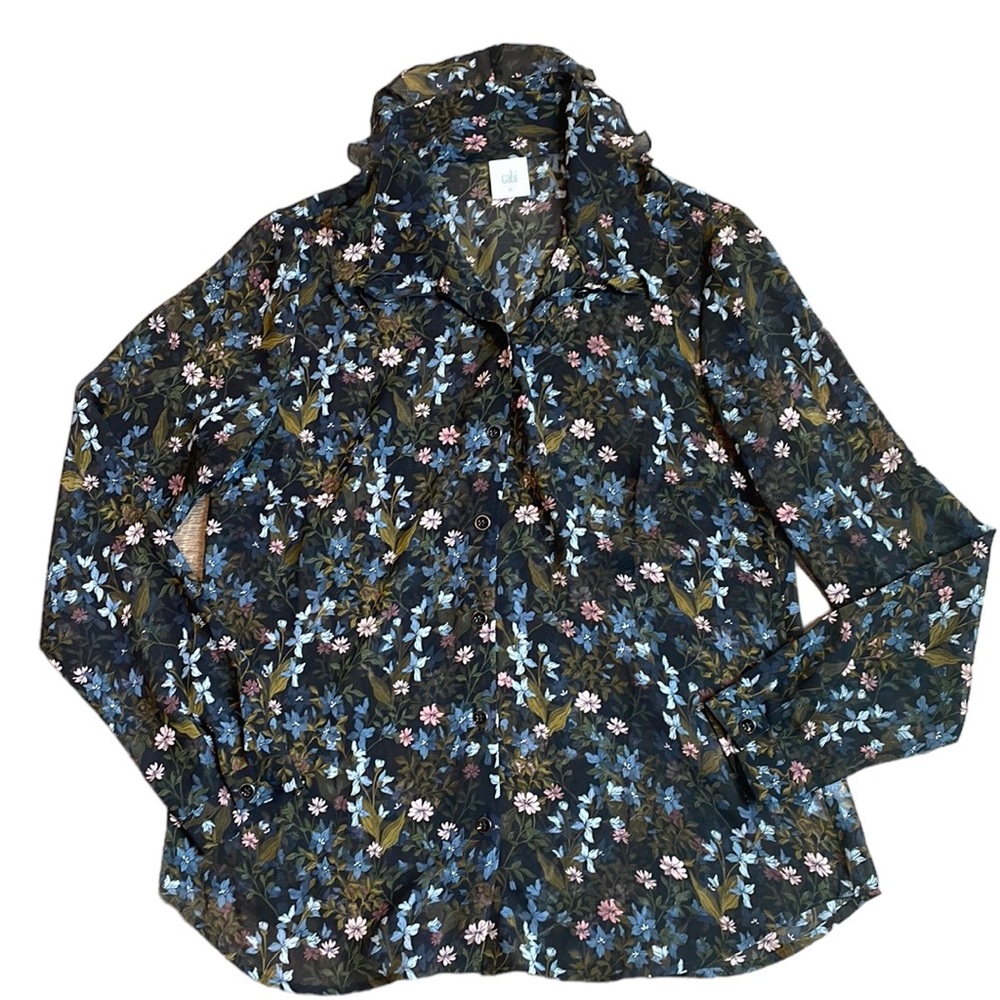 Cabi Semi Sheer Button Front Black Floral Ruffle Collar Blouse—Women’s M